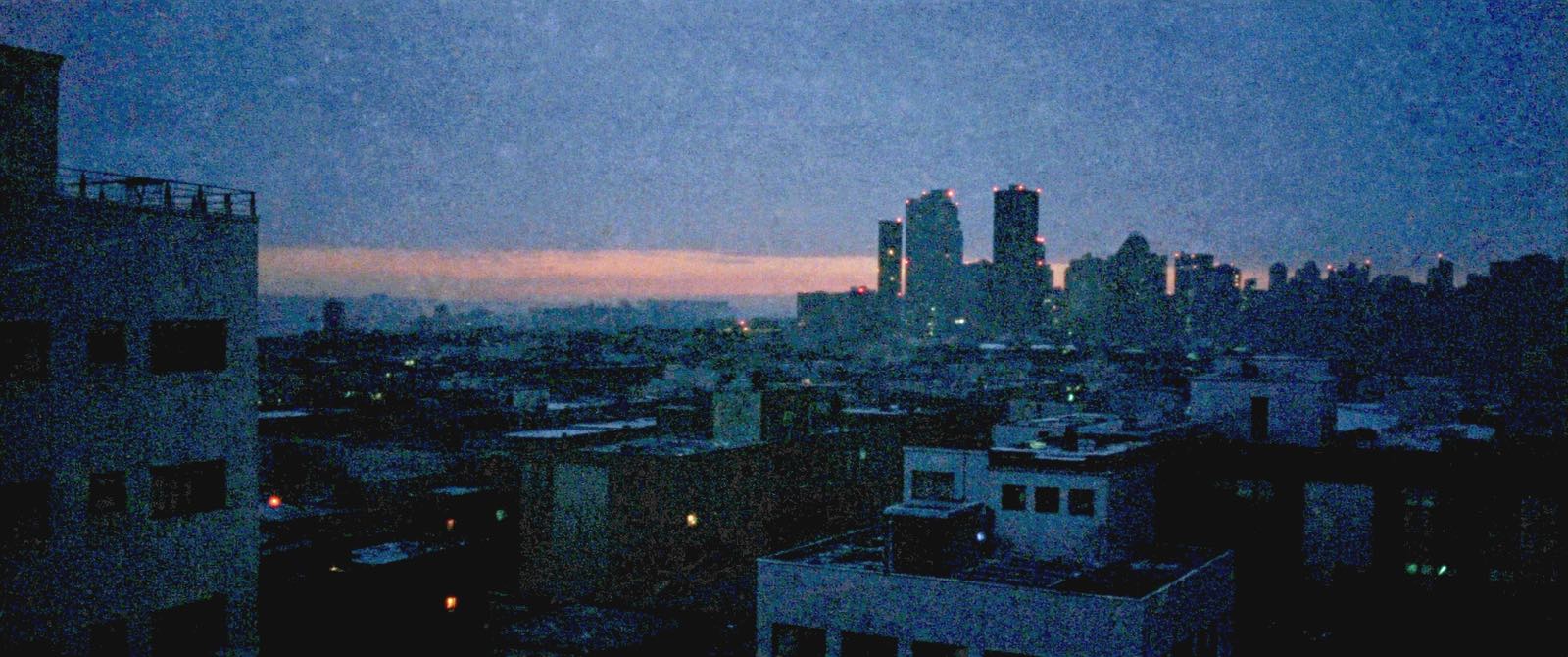Lower Manhattan rooftops at dusk, looking toward the skyline