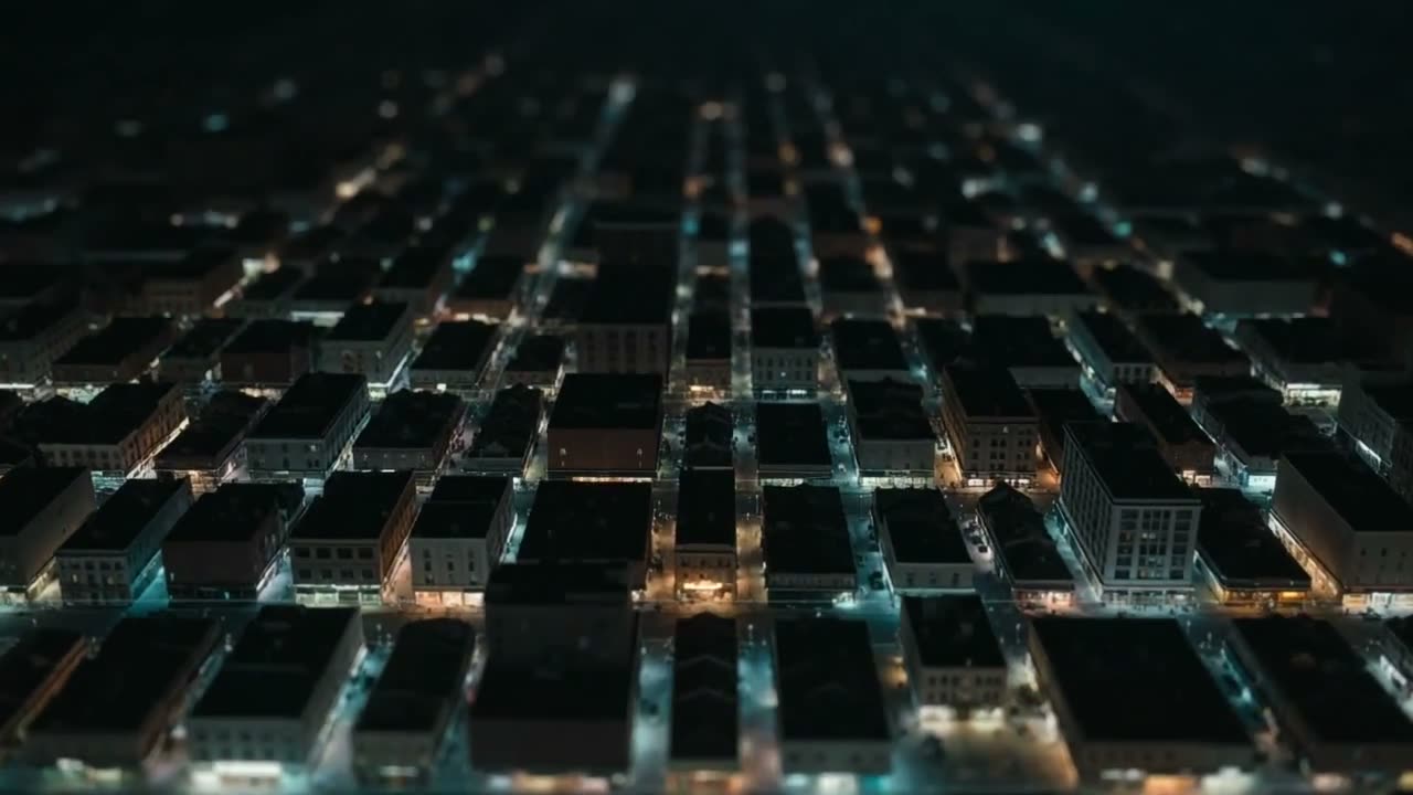 Lit streets of a town at night, seen from above